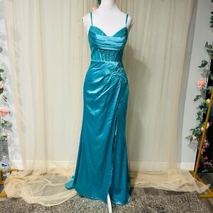 Teal Satin Lace Bodice Maxi Gown | Lace-Up Back Formal Dress